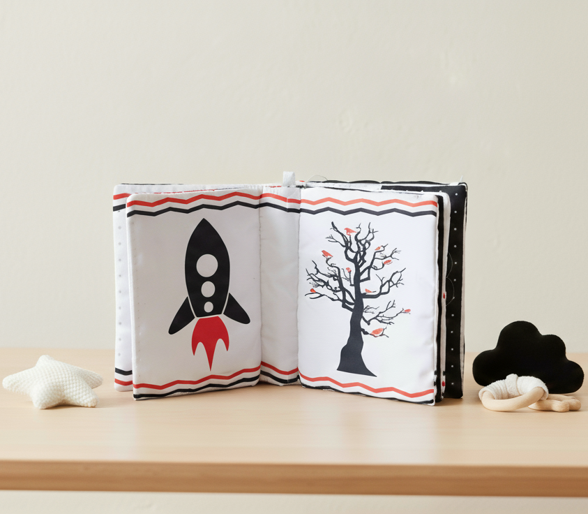 Livre en tissu noir blanc et rouge bébé